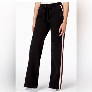 Material Girl Black Wide-Leg Track Pants with Burgundy & White Side Stripes